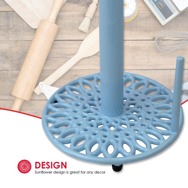 Home Basics Sunflower FreeStanding Cast Iron Paper Towel Holder with Dispensing Side Bar, Blue - PH45808
