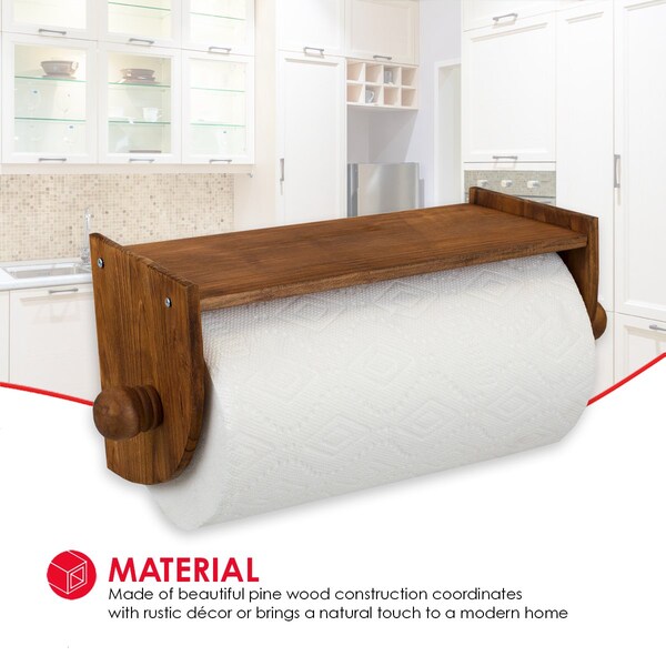 Home Basics Home Basics Quick Install Rustic Pine Wood Wall Mounted Paper Towel Holder with Flat Top, Brown - ZOR96232