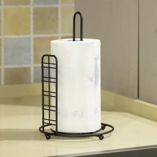 Basicwise Freestanding Round Single Roll Sturdy Black Iron Towel Paper Holder Stand Roll Dispenser - QI003808.2