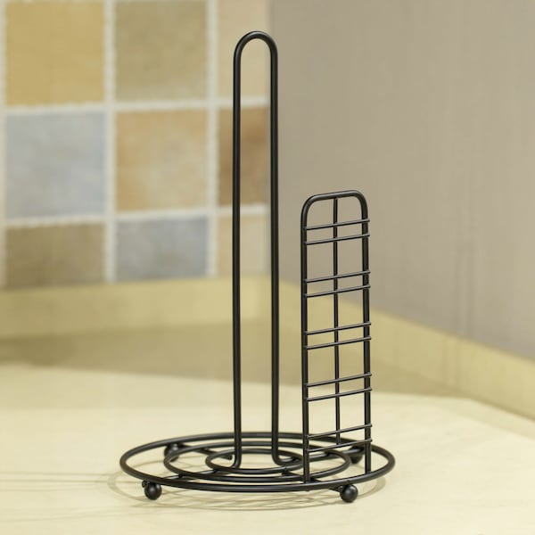 Basicwise Freestanding Round Single Roll Sturdy Black Iron Towel Paper Holder Stand Roll Dispenser - QI003808.2