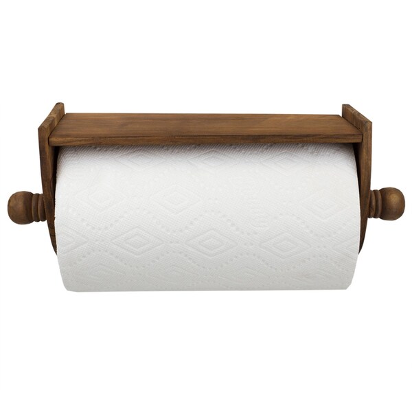 Home Basics Quick Install Rustic Pine Wood Wall Mounted Paper Towel Holder with Flat Top, Brown - PH01130