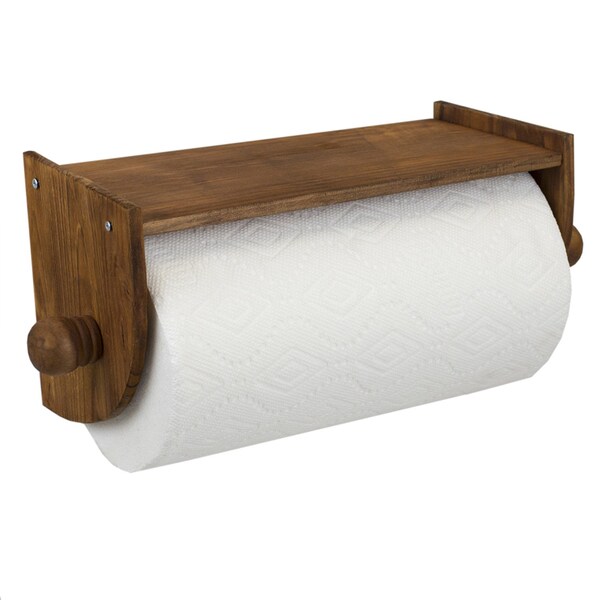Home Basics Quick Install Rustic Pine Wood Wall Mounted Paper Towel Holder with Flat Top, Brown - PH01130