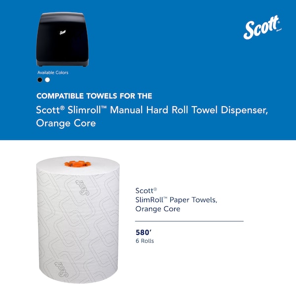 Kimberly-Clark Professional Slimroll Manual Towel Dispenser, Black, for Scott Orange Core Towels, 12.65" x 13.02" x 7.18" - 47092