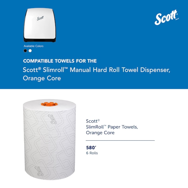 Kimberly-Clark Professional Slimroll Manual Towel Dispenser, White, for Scott Orange Core Towels, 12.65" x 13.02" x 7.18" - 47091