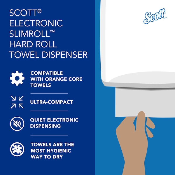 Kimberly-Clark Professional Electronic Slimroll Towel Dispenser, White, for Scott Orange Core Towels, 11.8" x 12.35" x 7.25" - 47259