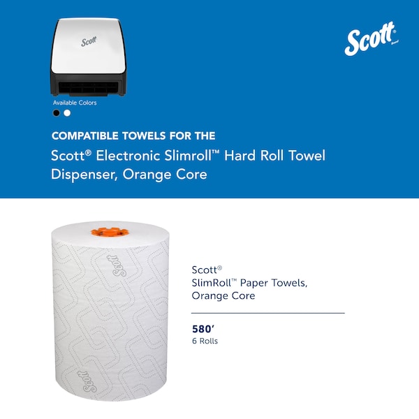 Kimberly-Clark Professional Electronic Slimroll Towel Dispenser, White, for Scott Orange Core Towels, 11.8" x 12.35" x 7.25" - 47259
