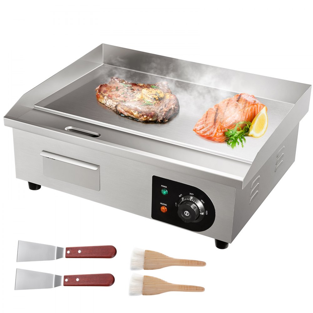 VEVOR Commercial Electric Griddle, 21", 1600W Countertop Flat Top Grill, Stainless Steel Teppanyaki Grill with Non Stick Iron Cooking Plate, 122-572℉ Adjustable Temp Control 2 Shovels & Brushes, 110V - PDDBLDQ2210MMOPHZV1