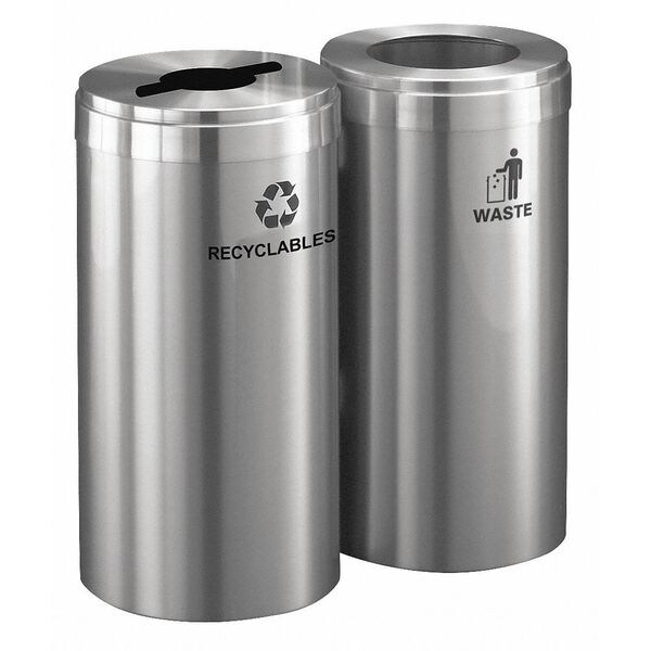 Glaro 30 gal Round Recycling Bin, Open Top, Satin Aluminum, 2 Openings - 1242-2SA-SA-R/W