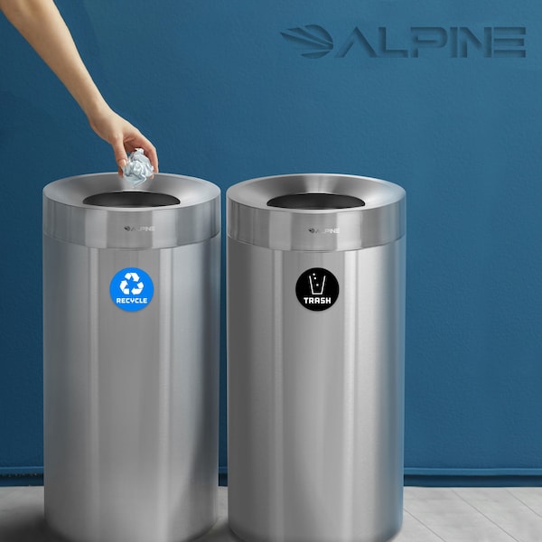 Alpine Industries Trash Can, Satin Alum/Satin Alum, Stainless Steel/Plastic - ALP475-27-R-T