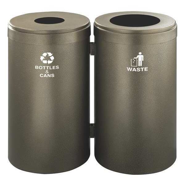 Glaro 46 gal Round Recycling Bin, Open Top, Bronze Vein, Steel, 2 Openings - 1542-2BV-BV-B&C/W