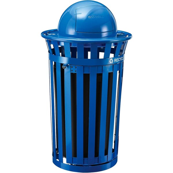 Global Industrial Outdoor Slatted Recycling Can w/Access Door & Dome Lid, 36 Gallon, Blue - 261947BL