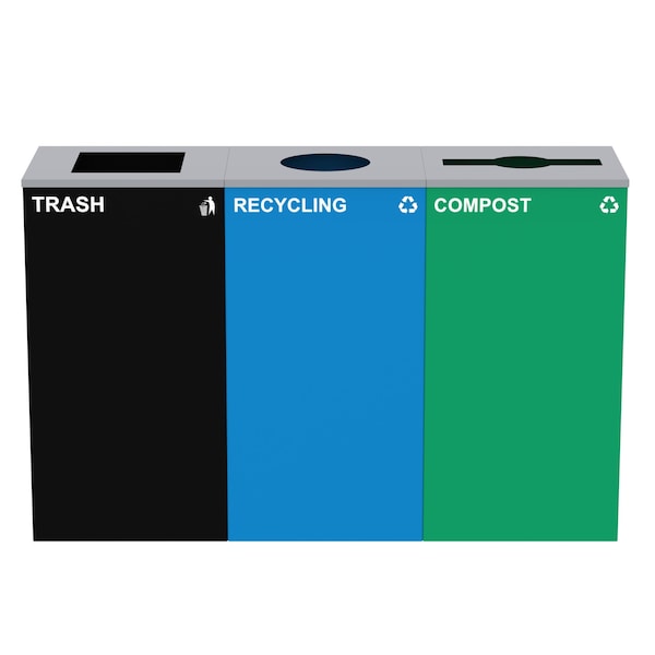 Alpine Industries 87 Gal. 3-Stream Steel Blue Recycling, Green Compost, and Black Commercial Trash Can Station - ALP4450-BLK-KIT32
