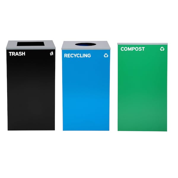 Alpine Industries 87 Gal. 3-Stream Steel Blue Recycling, Green Compost, and Black Commercial Trash Can Station - ALP4450-BLK-KIT32
