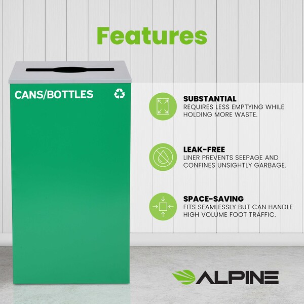Alpine Industries Square Recycling Gin, 29 Gallons, Green Can, Mixed Opening Lid, for Cans/Bottles - ALP4450-KIT-GRN-M-CB