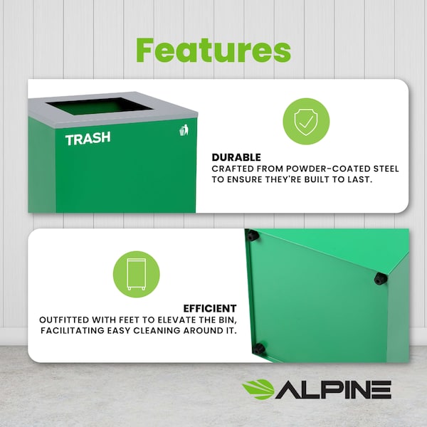Alpine Industries Square Recycling Bin, 29 Gallons, Green Can, Square Opening Lid, for Trash - ALP4450-KIT-GRN-S-TR