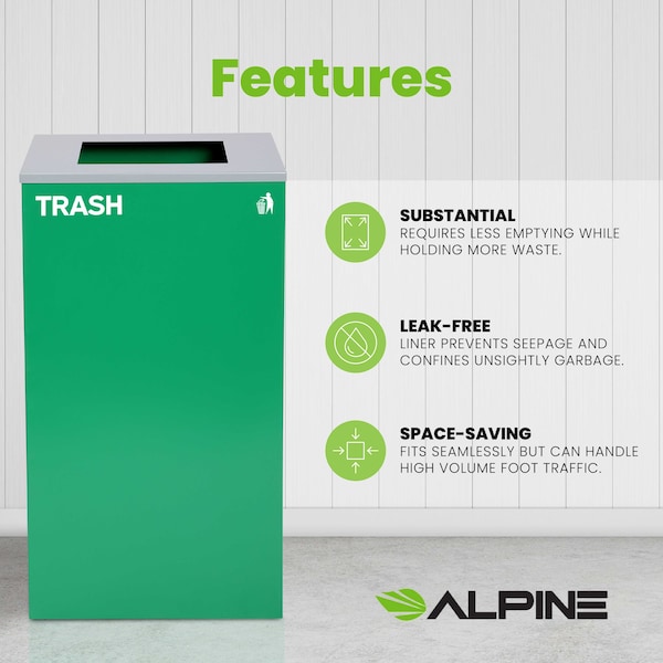 Alpine Industries Square Recycling Bin, 29 Gallons, Green Can, Square Opening Lid, for Trash - ALP4450-KIT-GRN-S-TR