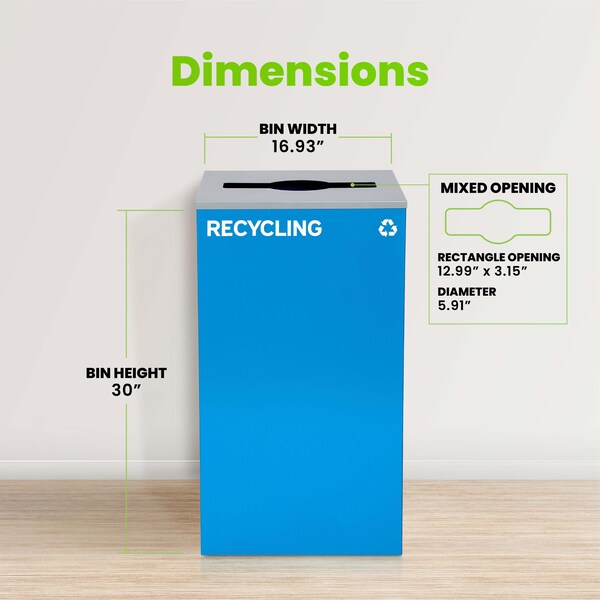 Alpine Industries Square Recycling Bin, 29 Gallons, BlueCan, Mixed Opening Lid, for Recycling - ALP4450-KIT-BLU-M-REC