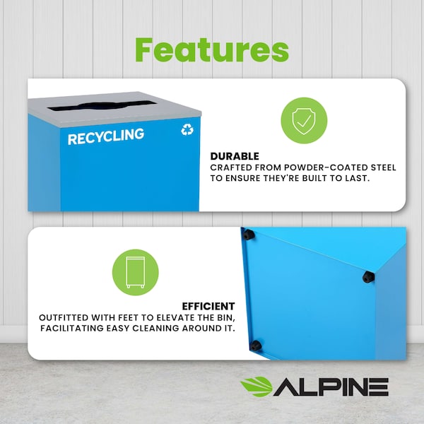 Alpine Industries Square Recycling Bin, 29 Gallons, BlueCan, Mixed Opening Lid, for Recycling - ALP4450-KIT-BLU-M-REC