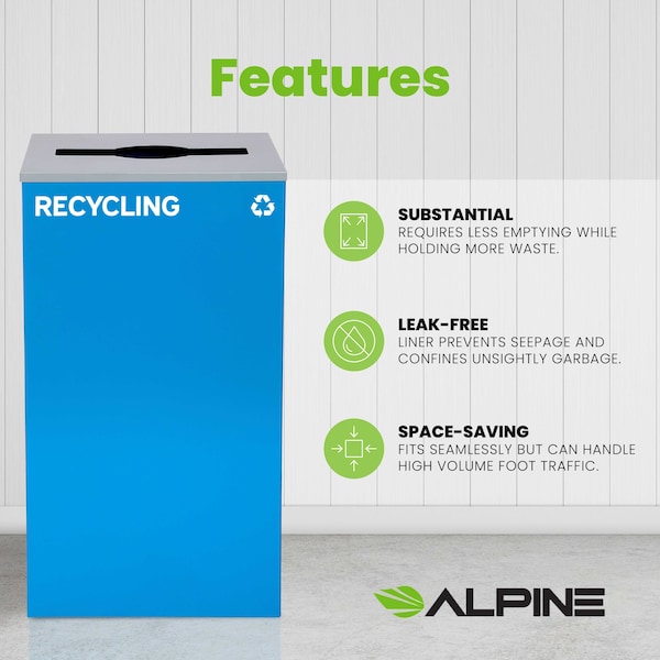Alpine Industries Square Recycling Bin, 29 Gallons, BlueCan, Mixed Opening Lid, for Recycling - ALP4450-KIT-BLU-M-REC