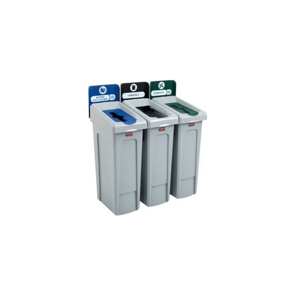 Rubbermaid Commercial Rubbermaid Slim Jim Recycling Station, LandfillMixed RecyclingCompost, 3 23 Gal Cap - 2007918