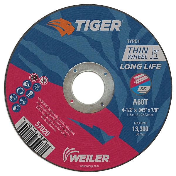 Rueda de corte tipo 1 Tiger AO de 4-1/2"x.045" A60T con agujero de 7/8" - 57020