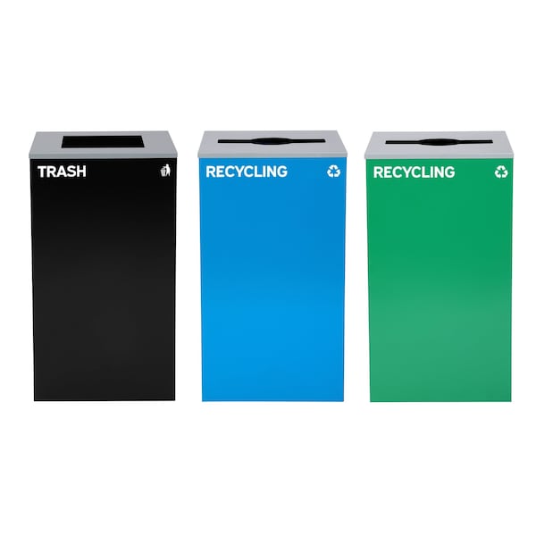 Alpine Industries 87 Gal. 3-Stream Steel Blue Recycling, Green Recycling, and Black Commercial Trash Can Station - ALP4450-BLK-KIT30