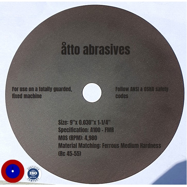 Ruedas de corte ultra delgadas para secciones Atto Abrasives 9"x0.030"x1-1/4" Ferroso Semiduro - 3W225-075-SM.