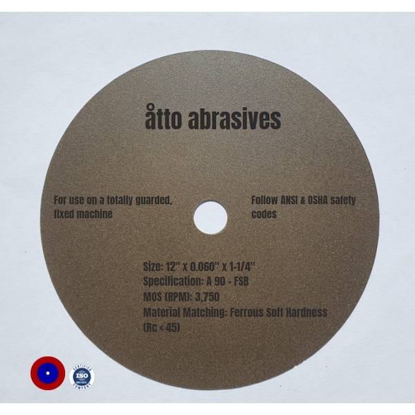 Ruedas de seccionamiento ultra delgadas Atto Abrasives 12"x0.060"x1-1/4" Dureza blanda y dura ferrosa - 1W300-150-SS