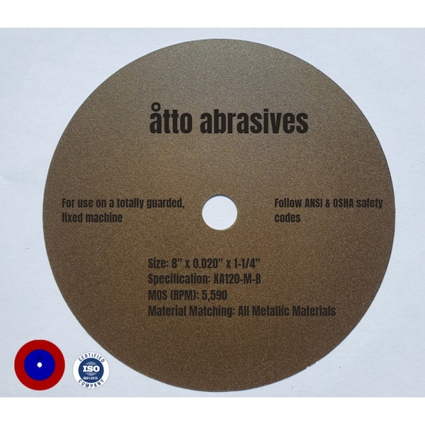 Discos de corte de resina sin refuerzo de Atto Abrasives de 8" x 0.020" x 1-1/4" - 1W200-050-PG