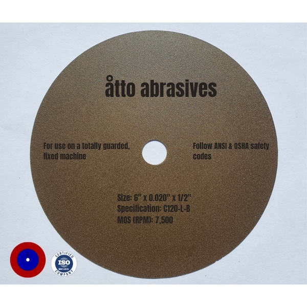 Ruedas de corte sin refuerzo de resina de Atto Abrasives de 6" x 0.020" x 1/2" - 1W150-050-PT.