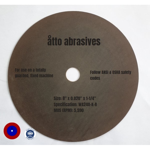 Ruedas de corte sin refuerzo unidas con caucho de Atto Abrasives de 8"x 0.020"x 1-1/4" - 3W200-050-PD
