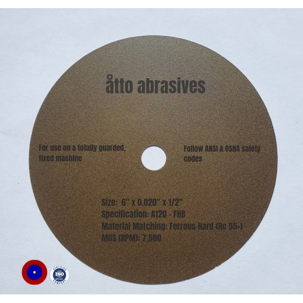 Ruedas de seccionado ultradelgadas Atto Abrasives de 6"x0.020"x1/2" Ferrosas Duras Rc 55+ - 1W150-050-SH