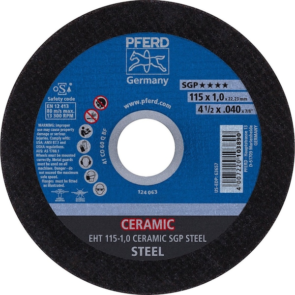 Pferd 63657 Rueda de corte de 4-1/2in x .045in, 7/8in A.H. CERAMIC SGP STEELOX, Tipo 1 - 63657-PFERD.