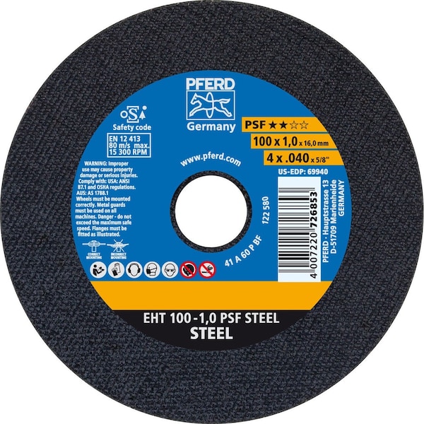 69490 Rueda de corte de 4 pulgadas x 0.040 pulgadas, 5/8 pulgadas de AH A P PSF - 60 granos - Tipo 1 - 69490-PFERD
