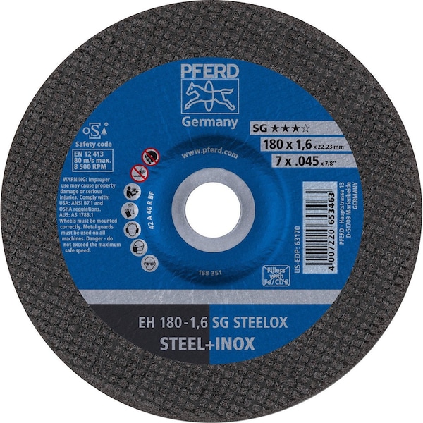 Disco de corte Pferd 63170 de 7 pulgadas x 0.045 pulgadas, 7/8 pulgadas de orificio A 46 R SG INOX - Tipo 27 - 63170-PFERD