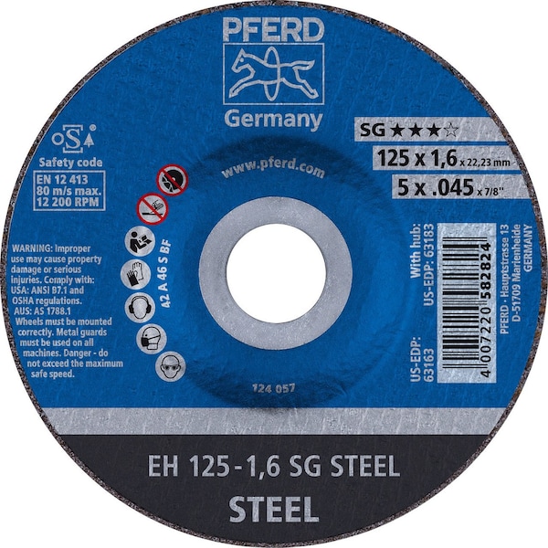 Disco de corte Pferd 63163 de 5 pulgadas x .045 pulgadas, 7/8 pulgadas AH A 46 S SG - Tipo 27 - 63163-PFERD