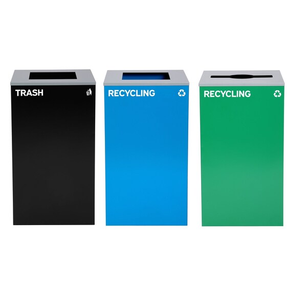 Alpine Industries 87 Gal. 3-Stream Steel Blue Recycling, Green Recycling, and Black Commercial Trash Can Station - ALP4450-BLK-KIT21