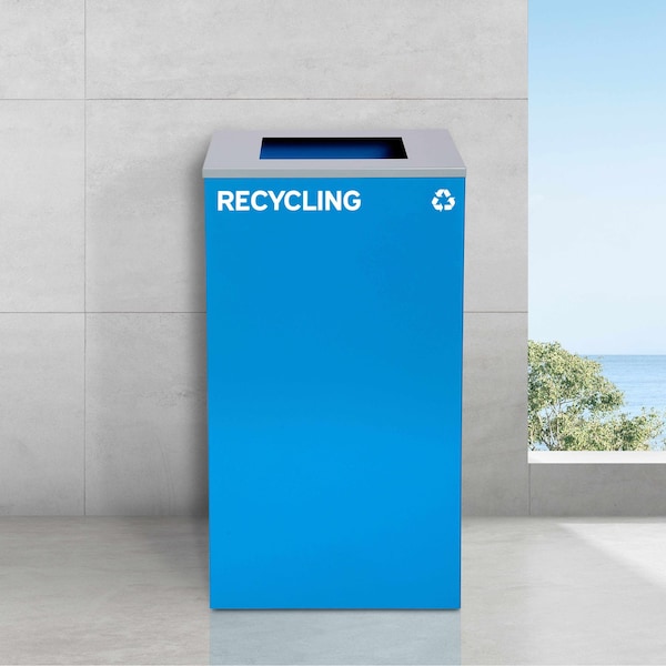 Alpine Industries 87 Gal. 3-Stream Steel Blue Recycling, Green Recycling, and Black Commercial Trash Can Station - ALP4450-BLK-KIT21