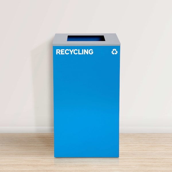 Alpine Industries 87 Gal. 3-Stream Steel Blue Recycling, Green Recycling, and Black Commercial Trash Can Station - ALP4450-BLK-KIT21