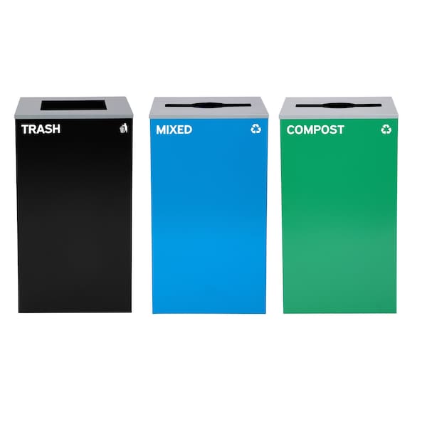 Alpine Industries 87 Gal. 3-Stream Steel Blue Mixed, Green Compost, and Black Commercial Trash Can Station - ALP4450-BLK-KIT28