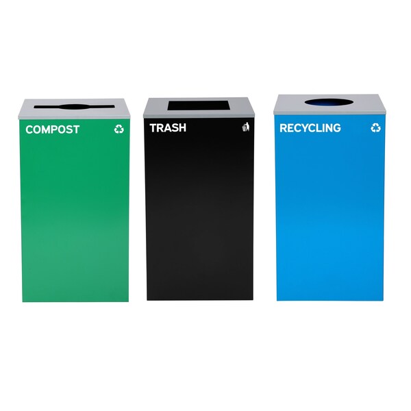 Alpine Industries 87 Gal. 3-Stream Steel Blue Recycling, Green Compost, and Black Commercial Trash Can Station - ALP4450-BLK-KIT36