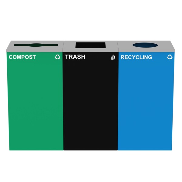 Alpine Industries 87 Gal. 3-Stream Steel Blue Recycling, Green Compost, and Black Commercial Trash Can Station - ALP4450-BLK-KIT36