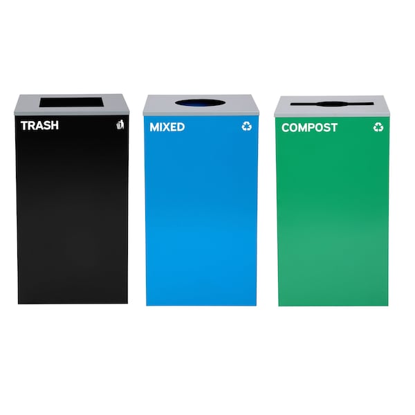 Alpine Industries 87 Gal. 3-Stream Steel Blue Mixed, Green Compost, and Black Commercial Trash Can Station - ALP4450-BLK-KIT37