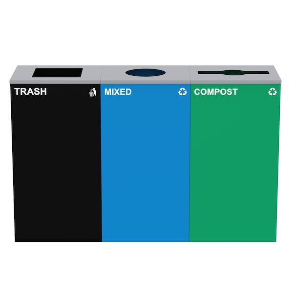 Alpine Industries 87 Gal. 3-Stream Steel Blue Mixed, Green Compost, and Black Commercial Trash Can Station - ALP4450-BLK-KIT37