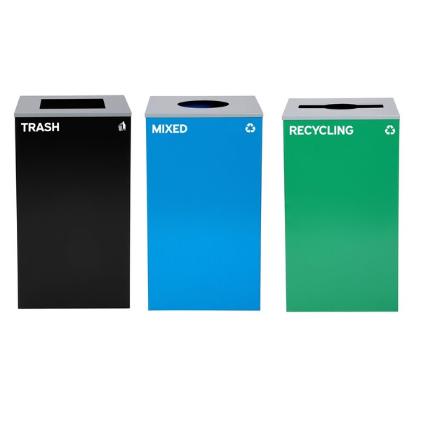 Alpine Industries 87 Gal. 3-Stream Steel Blue Mixed, Green Recycling, and Black Commercial Trash Can Station - ALP4450-BLK-KIT40