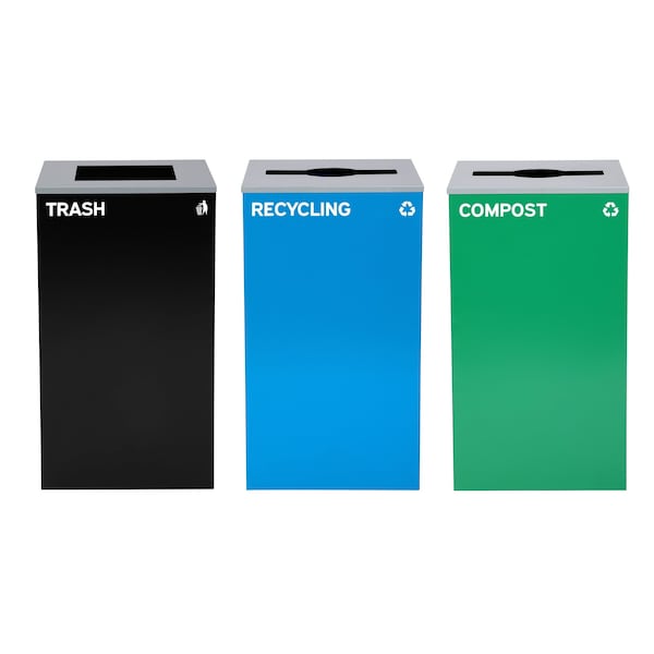 Alpine Industries 87 Gal. 3-Stream Steel Blue Recycling, Green Compost, and Black Commercial Trash Can Station - ALP4450-BLK-KIT27