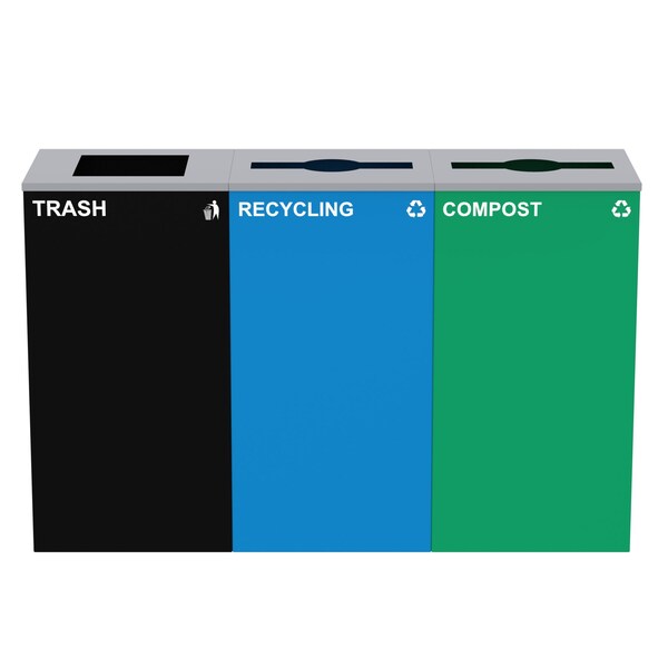 Alpine Industries 87 Gal. 3-Stream Steel Blue Recycling, Green Compost, and Black Commercial Trash Can Station - ALP4450-BLK-KIT27