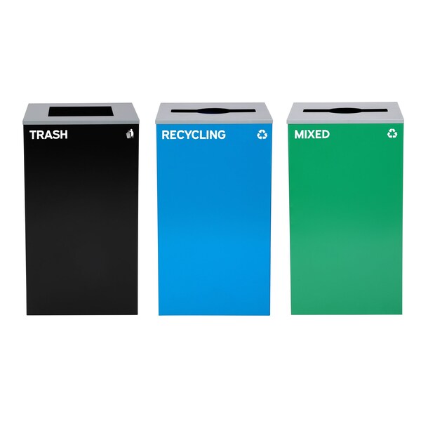 Alpine Industries 87 Gal. 3-Stream Steel Blue Recycling, Green Mixed, and Black Commercial Trash Can Station - ALP4450-BLK-KIT31