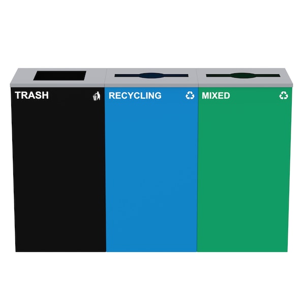 Alpine Industries 87 Gal. 3-Stream Steel Blue Recycling, Green Mixed, and Black Commercial Trash Can Station - ALP4450-BLK-KIT31