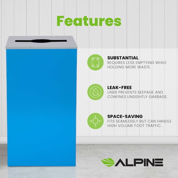 Alpine Industries Square Recycling Bin, 29 Gallons, Blue Can, Mixed Opening Lid - ALP4450-KIT-BLU-M
